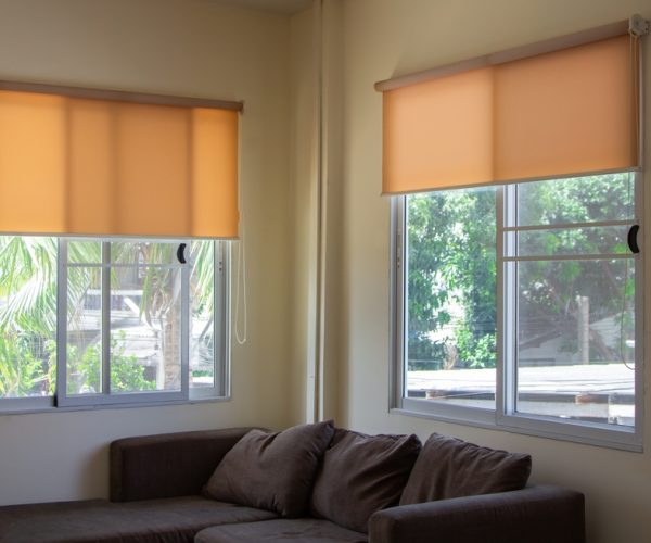 Roller,Blind,Or,Curtains,At,Windows,,Interior,Design